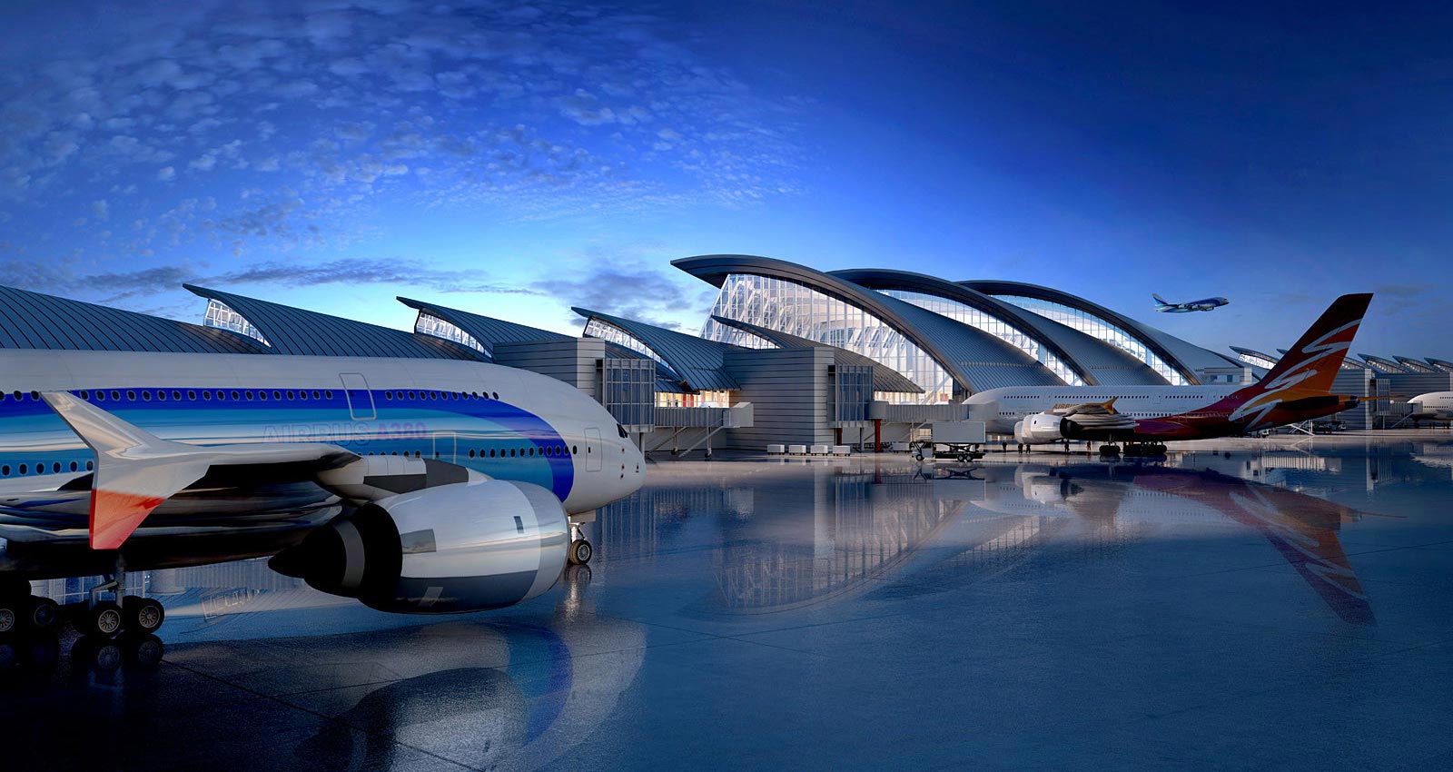 Airplanes lined up outside of a termina and hangar.