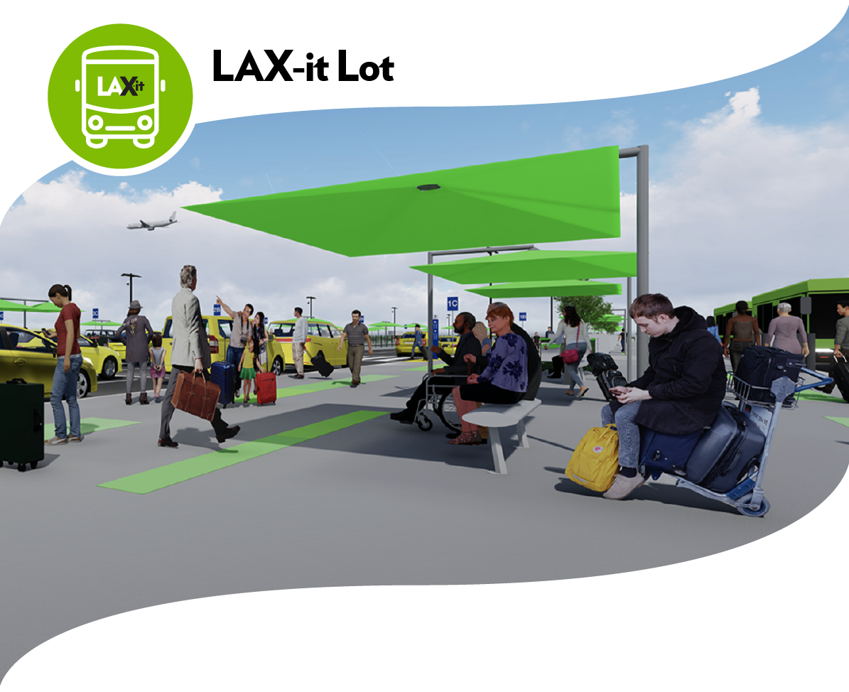 Cartoon graphic of people waiting at the airport to be picked up via taxi or bus